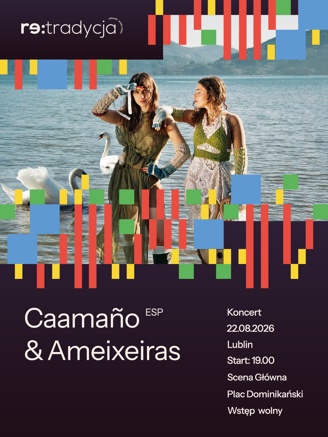 Dwie kobiety siedzą na plaży. Napis: Caamaño&Ameixeiras koncert. 