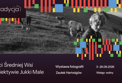 Zdjęcie chłopca, który pasie krowy. Napis: Wystawa fotografii Dzieci średniej wsi w obiektywie Jukki Male.