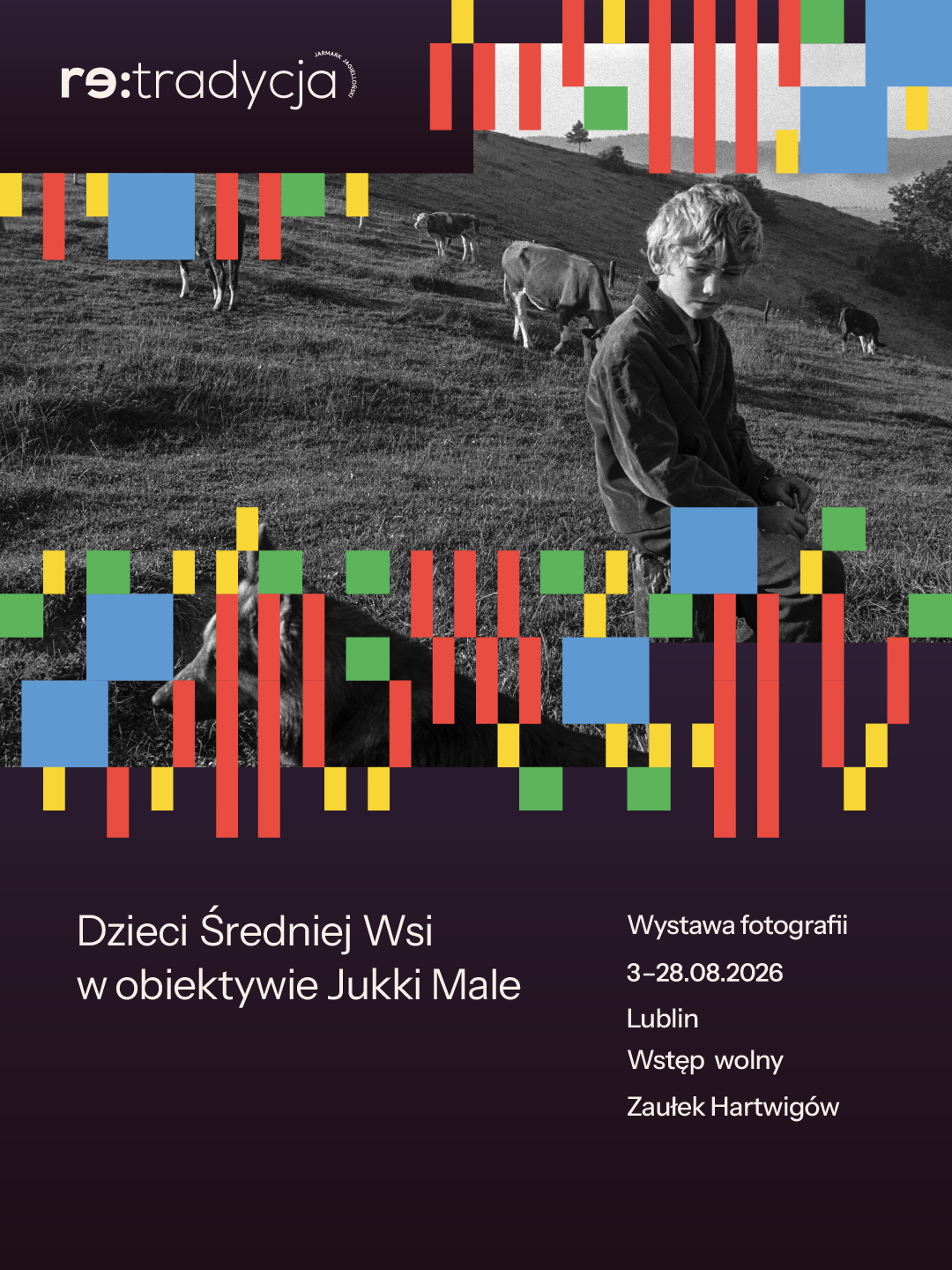 Jukka_Static_kopia_2 Zdjęcie chłopca, który pasie krowy. Napis: Wystawa fotografii Dzieci średniej wsi w obiektywie Jukki Male.