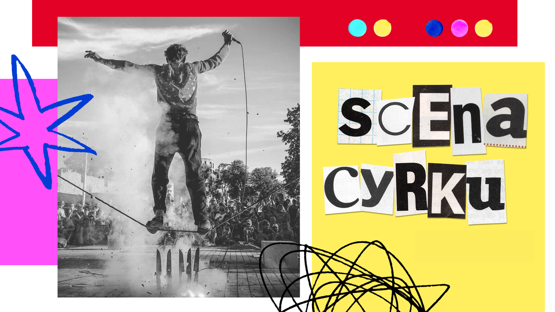 Grafika z akrobatą i napis scena cyrku.