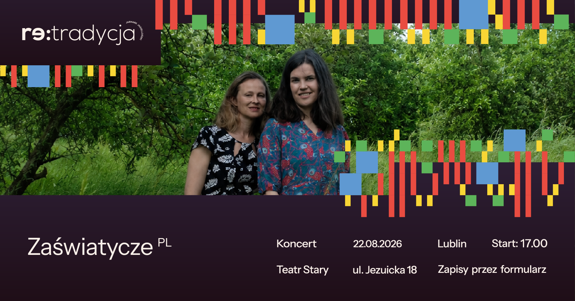 Dwie kobiety na tle zieleni. Napis: Zaświatycze.