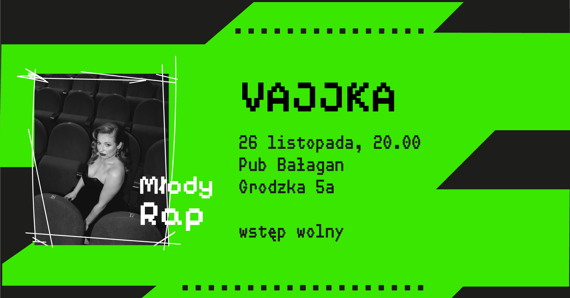 Grafika ze zdjęciem kobiety i napis Vajjka Młody Rap.